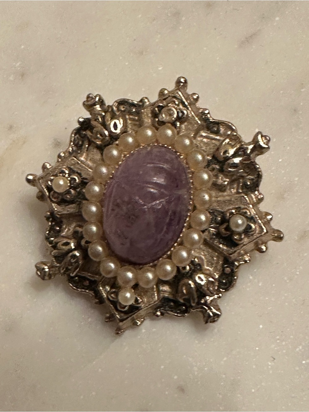 Vintage 1950s Silver-Tone Brooch with Lavender Cabochon and Pearls